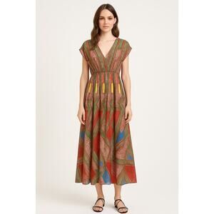 Charming Charlie Maxi Dress Small Boho Ethnic Print V-Neck Multicolor Festival